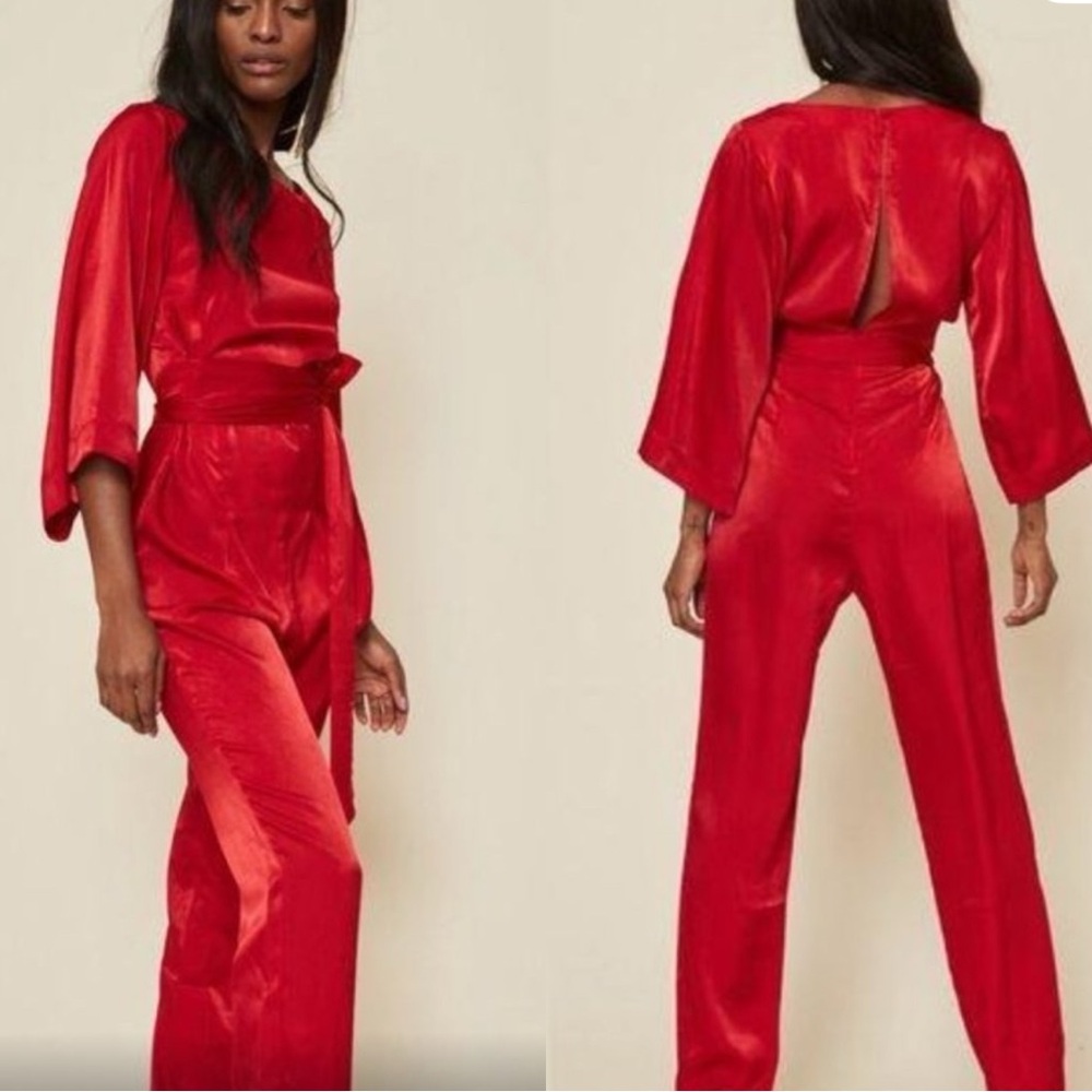 REVOLVE x LPA Rosita Red Satin Wrap Belted Batwing Jumpsuit Romper